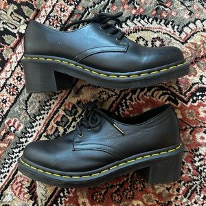 Dr. Martens Black Leather Platform Loafers with Yellow Stitching